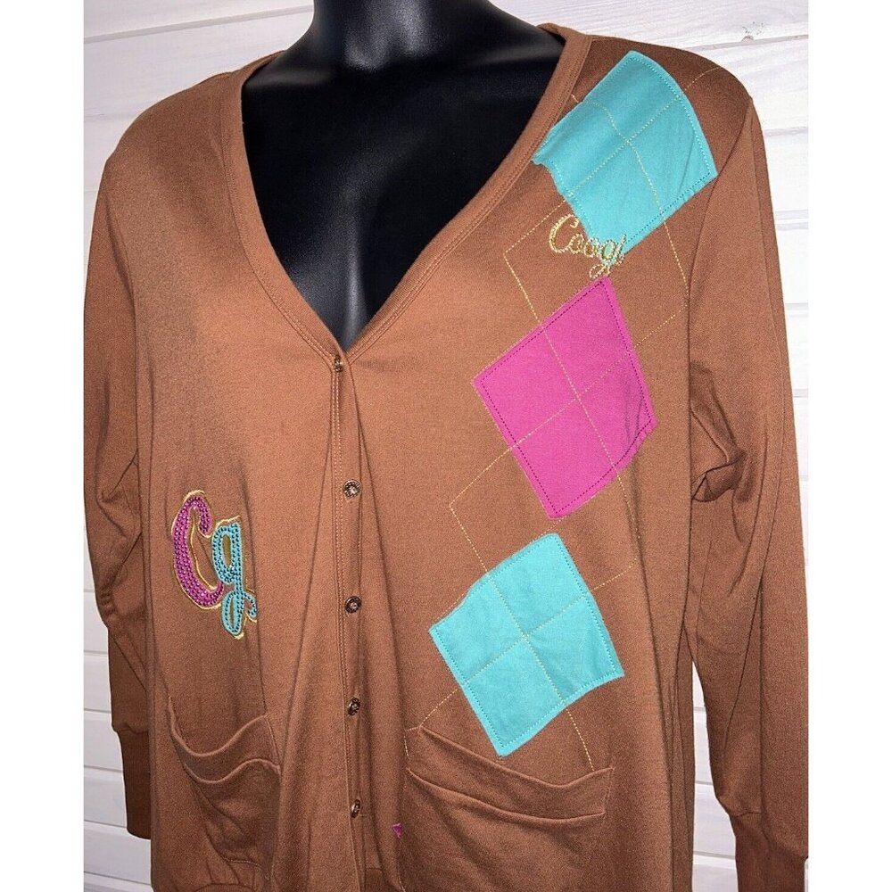VTG Coogi Sz PLUS 3X Rhinestone Logo Argyle V-Neck Button Cardigan Sweater *VGUC
